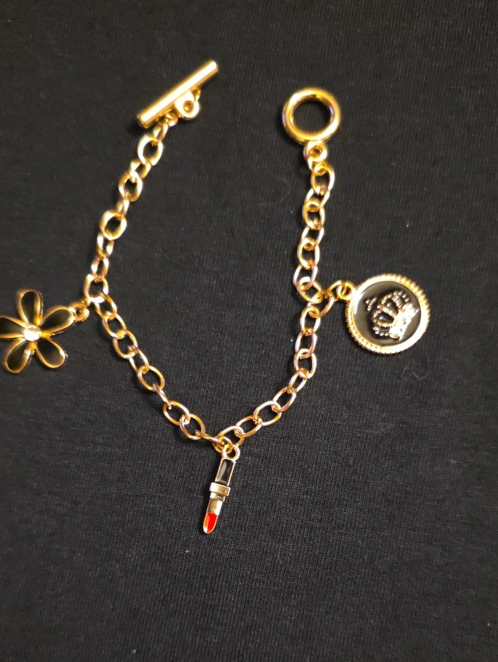 Gold Charm Bracelet with Red Lipstick, Flower & Crown Charms